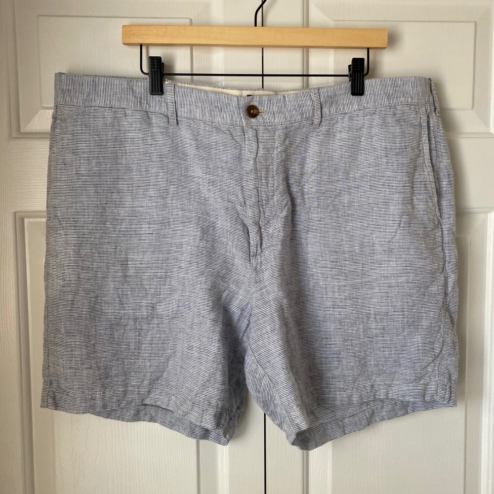 J.Crew Linen Shorts Mens 40‎ Blue White Pinstripe 7 Inch Inseam Preppy Beach